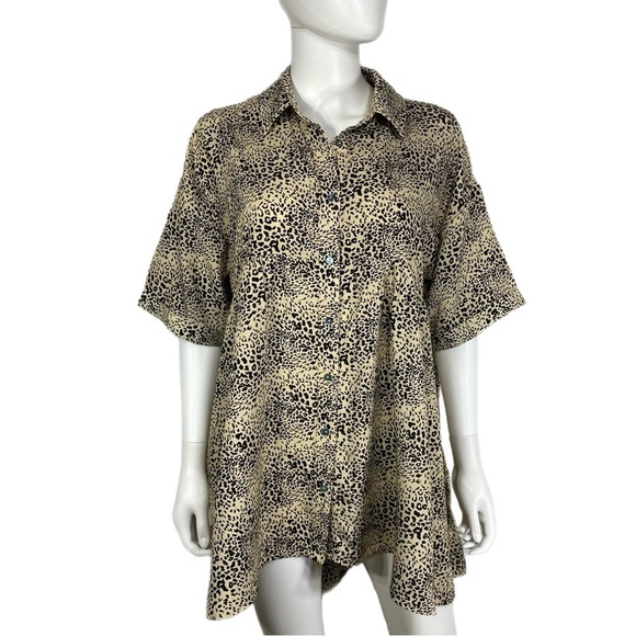 entro Tops - Entro Leopard Print Ruffle Back Button Down Oversized Babydoll Top